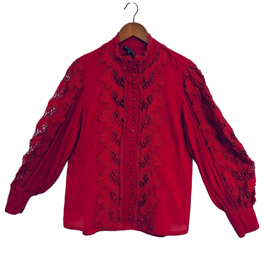 Boston Proper Blouse Women L Red Cotton Lace Balloon Sleeve Cottage Romantic
